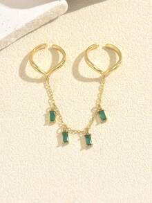 1pc Exquisite Light Luxury Vintage Style Copper Chain Rectangular Colorful Zirconia Open Ring For Women Evening Party Date Gathering Light Dress Accessory - Multicolor - View 9