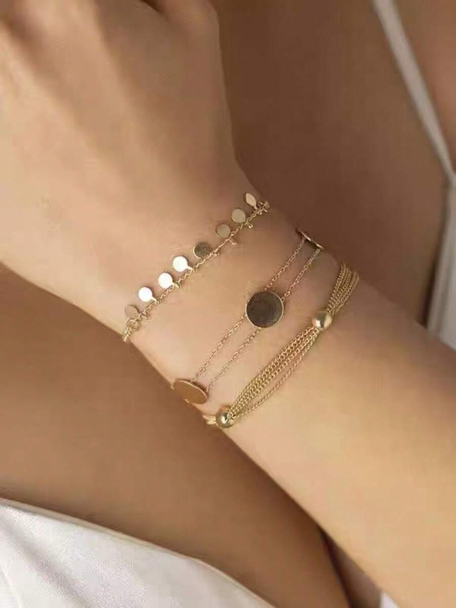 3pcs Multi-Layer Stackable Round Disc Gold Bracelet, Niche Luxury Minimalist Thin Chain Hand Jewelry, Versatile For Daily Commute, Elegant For Women - Bracelet - View 1