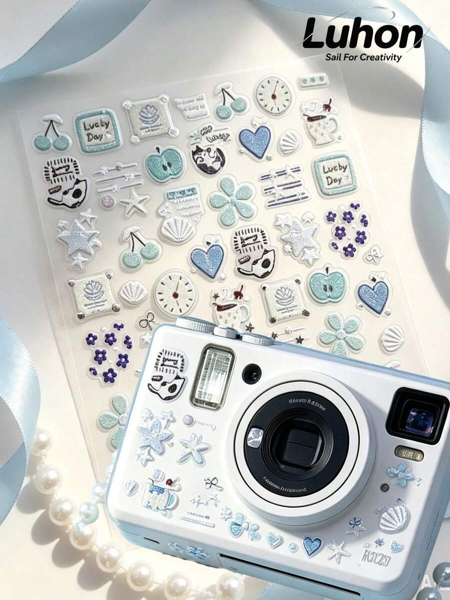 1pc/1set, Laptop Stickers, Journal Supplies, Sticker Book, Fresh Vintage Illustration Style, Glitter Metallic Stickers, Includes Heart, Cherry, Shell Patterns, Suitable For Phone Cases, Flat Decoration