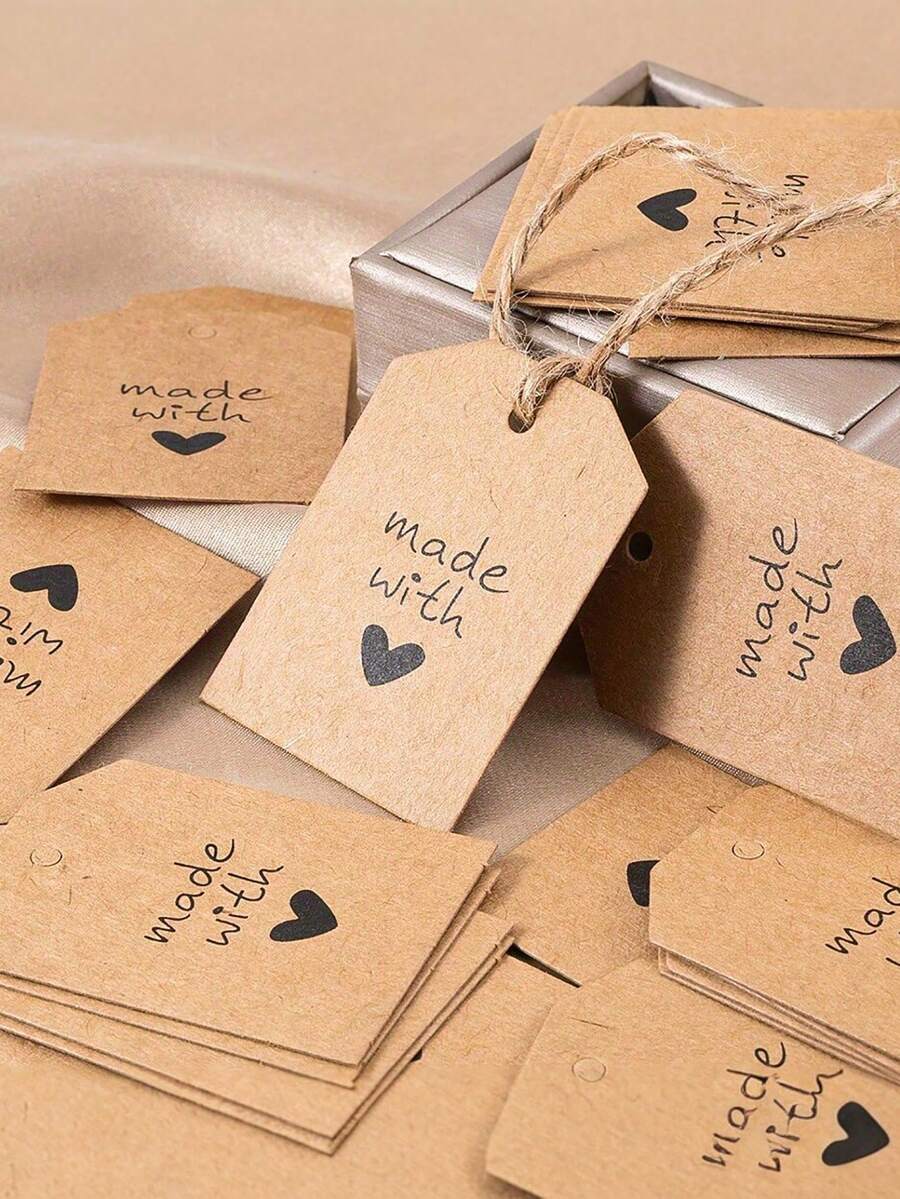 100pcs Kraft Paper Gift Label Card, Heart Pattern Design Label Card For DIY Handmade Crafts, Christmas Party, Baking Cake Dessert Decoration And Gift Tagging, Parties And Anniversaries Tags