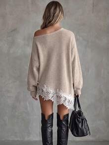 Women's Casual Elegant Asymmetrical Shoulder Flare Sleeve Contrast Color Lace Dress, Apricot, Suitable For Outings, Office, Autumn/Winter Daily Wear - White Apricot - View 6