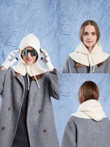 One-Piece Hood & Neck Warmer Set, Drawstring Button Windproof Hood, Suitable For Daily Street Travel Outdoor Cold Weather, Unisex Fashion Headwear - A - View 2