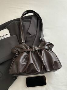 1pc Coffee Brown Large Capacity Solid Color PU Pleated Tote Bag Women Shoulder Bag - Coffee Brown - View 4
