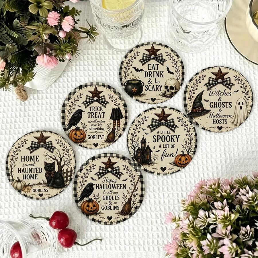 6pcs Witch Pumpkin Coasters Set, Funny Cartoon Pattern Heat-Insulating Cup Mats, Halloween Desktop Decor, Gift Box Holiday Present - PET Coaster-2769 - View 1