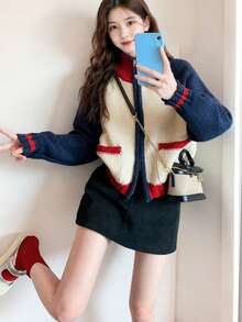 Alicedudu Áo len cardigan cổ đứng phối màu phong cách đại học cổ điển dành cho nữ, Thu/Đông - Nhiều màu - Xem 1