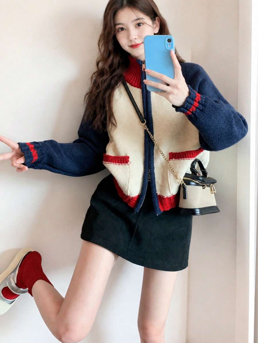 Alicedudu Áo len cardigan cổ đứng phối màu phong cách đại học cổ điển dành cho nữ, Thu/Đông - Nhiều màu - Xem 1