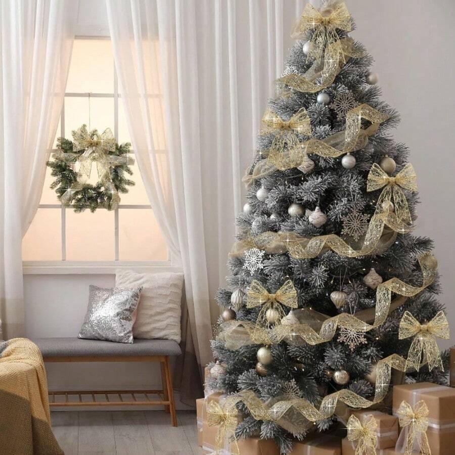 1/2 Rolls Of Golden Glitter Mesh Ribbon With Wire Edge, 1.97inch Wide, 78.74 Inch Per Roll (Total Length 157.48 Inch). Features Shimmering Transparent Mesh With Large Sequins And Flexible Wire Edging. Suitable For Making Bows, Christmas Tree - View 1