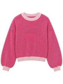 Women's Autumn/Winter Fashion New Minimalist Casual Versatile Home Daily Wear Round Neck Retro Striped Colorblock Loose Knit Sweater - Red - View 6