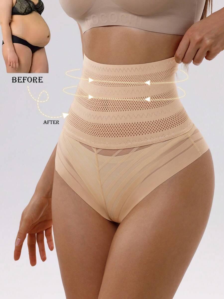 Women High Waisted Tummy Control Shapewear Panties Breathable Mesh Seamless Invisible Butt Lifter Slimming Underwear - Apricot - View 1