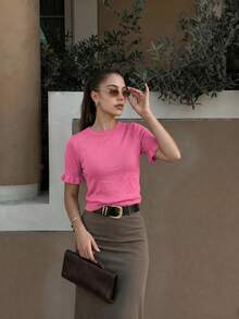 Women's Casual Yellow Round Neck Ruffle Short Sleeve Loose Fit T-Shirt, Spring/Summer Style, Suitable For Dating And Daily Wear - Hot Pink - View 5