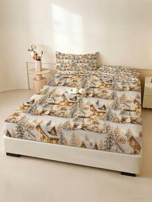 1PC Gold Christmas Snow Scene Pattern Fitted Sheet (Fitted Sheet Only, No Pillowcase), Santa Claus Print Soft Bedroom Bedding, Suitable For Bedroom, Guest Room, School Dormitory Fitted Sheet, Easy To Remove And Machine Washable All Season Mattress Protector, Perfect Christmas Gift For Parents And Friends - Multicolor - View 6