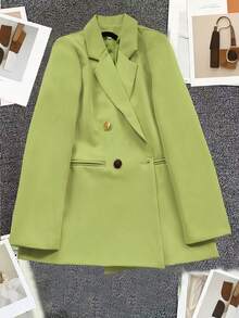 Women's Solid Color Long Sleeve Double-Breasted Blazer With Notched Collar, Spring/Summer | Suitable For Dates, Parties, Outings And Holiday Celebrations - Light Green - View 3