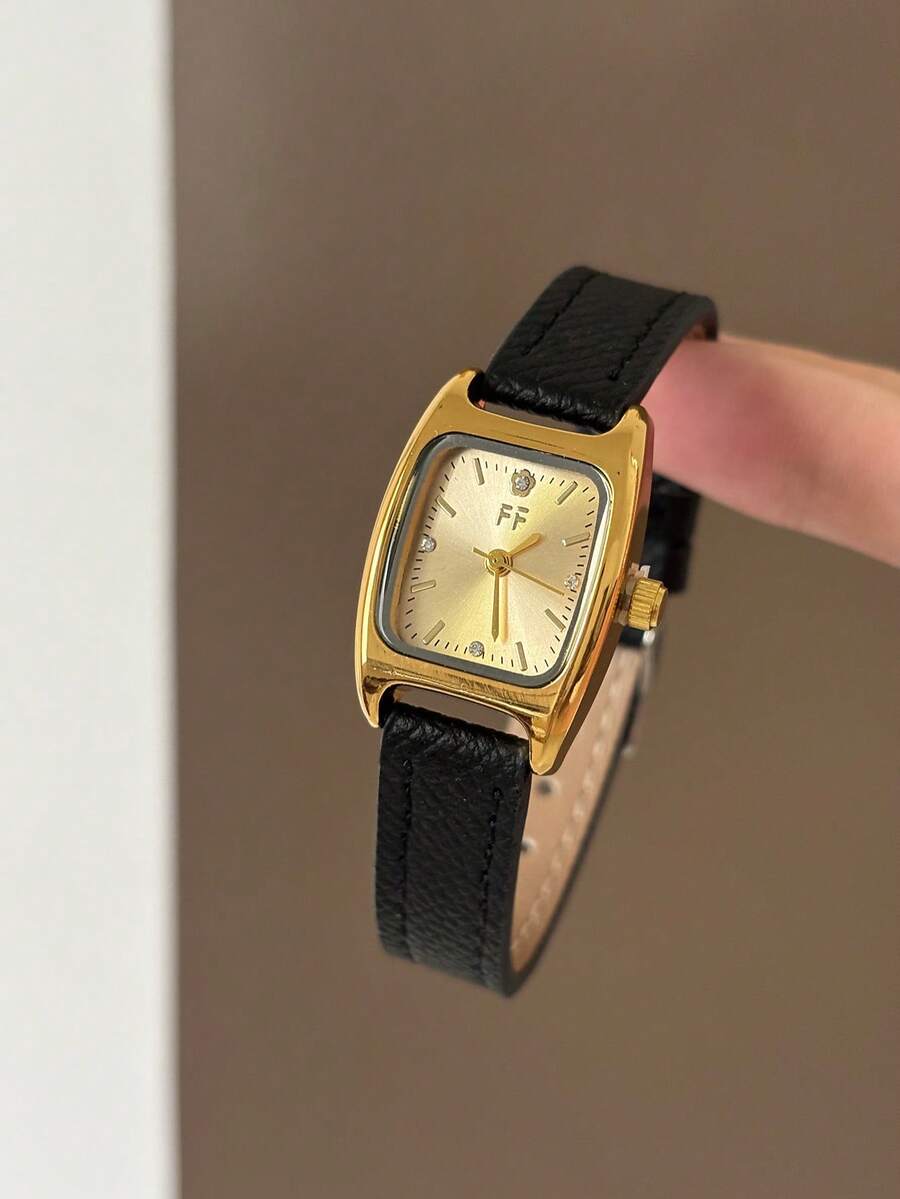 1件裝小金方盤可調節黑色PU錶帶簡約條形刻度女款石英腕錶,適合日常配戴與辦公風格 - 黑色 - 查看 1