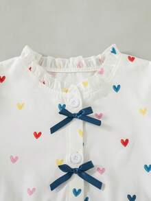 Girls' Casual Fashion Frill Trim Round Neck Bow Half-Button Loose Long Sleeve Shirt Blouse, Spring/Autumn - White - View 3