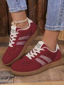 Sneakers Kasual Wanita, Desain Tali Ikat, Struktur Sol Datar - Merah - View 6