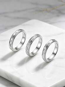 3PCS Stylish 3D Rhombus Wheat Leaf Engraved Stainless Steel Couple Rings, Unisex Promise Rings For Engagement & Wedding, Daily Wear Jewelry Gifts - Ring - View 2