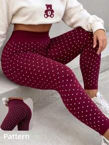 1pc Women's Polka Dot Print Leggings, High Waist Elastic Leggings, Cute Vintage Casual Pants - Burgundy - View 9