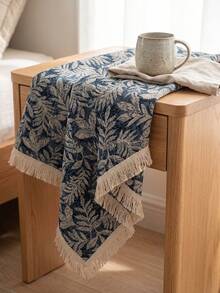 1pc Gray Blue Base White Branch & Leaf Pattern Tablecloth, Natural Rustic Style Linen Blend Material, Rectangular Beige Tassel Edge Detail, Stain-Resistant Desktop Protection Function, Suitable For Daily Home Use And Natural Dining Table Decor Scenes - Blue - View 11