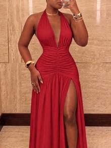 Sexy Halter Neck Tie Deep V-Neck High Slit Patchwork Pleated Backless Knit Dress - Red - View 5