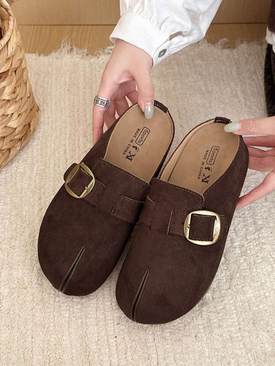 Women's Coffee Brown Suede Split Toe Mule Shoes With Buckle Strap, Thick Sole, Comfortable Casual Loafers For Daily Wear, No Back - Coffee Brown - View 1