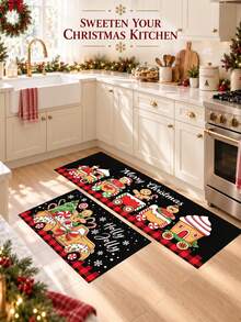 1/2pcs Christmas Floor Mat, Christmas Gingerbread Man Pattern Merry Christmas Kitchen Mat, Winter Home Decor Low-Key Kitchen Rug, Christmas Holiday Gift! - Multicolor - View 2