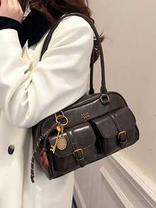Autumn/Winter New Vintage Solid Color Multi-Pocket Large Capacity Women's Shoulder Bag Underarm Bag With Tassel Charm - Coffee - View 6