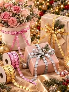 2 Yards Gold & Silver Star Ribbon Lace Small Roll Christmas Celebration Decoration Embossed Woven Tape, Suitable For Christmas Tree, Christmas Gift Packaging Material (Paper Core Not Included) - Star Belt - View 5