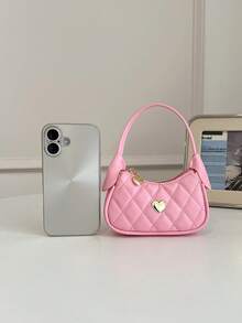 Sweet Diamond Quilted Children's Underarm Handbag Heart Metal Decor Princess Style Mini Accessory Bag - A - View 3