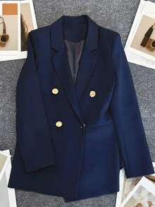 Spring/Summer Women's Solid Color Long Sleeve Double-Breasted Blazer, Notch Lapel | Suitable For Dates, Parties, Outings And Holiday Celebrations - Navy - View 5