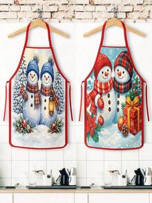 2Pcs Christmas Snowman Couple Kitchen Apron, Plaid Scarf Gift Box Snowflake Printed Adjustable Cooking Apron, Xmas Holiday Kitchen Decor Christmas Gift - Multicolor - View 11