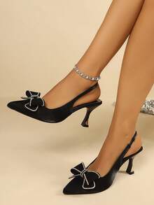Women's Elegant Rhinestone Double Layer Bow Pointed Toe Slingback Sandals, Black Satin Backstrap High Heel Party Shoes - Black - View 4