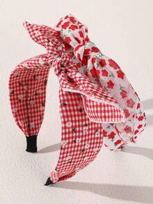 2pcs/Set Girls Vintage Red Flower Fabric Headband Sweet Plaid Rabbit Ear Bow Hair Hoop Suitable For Daily Decoration - Multicolor - View 7