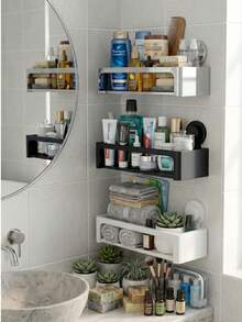 KOEMO 1pc Bathroom Storage Rack, Wall-Mounted Bathroom Organizer Shelf, Washbasin Supplies Holder - No Drilling Installation, Vacuum Suction Cup Strong Load-Bearing Rectangular Rack, Suitable For Shower Room And Toilet Wall/Tiles, Storage For Toiletries, Bath Products, Cosmetics And More - View 2
