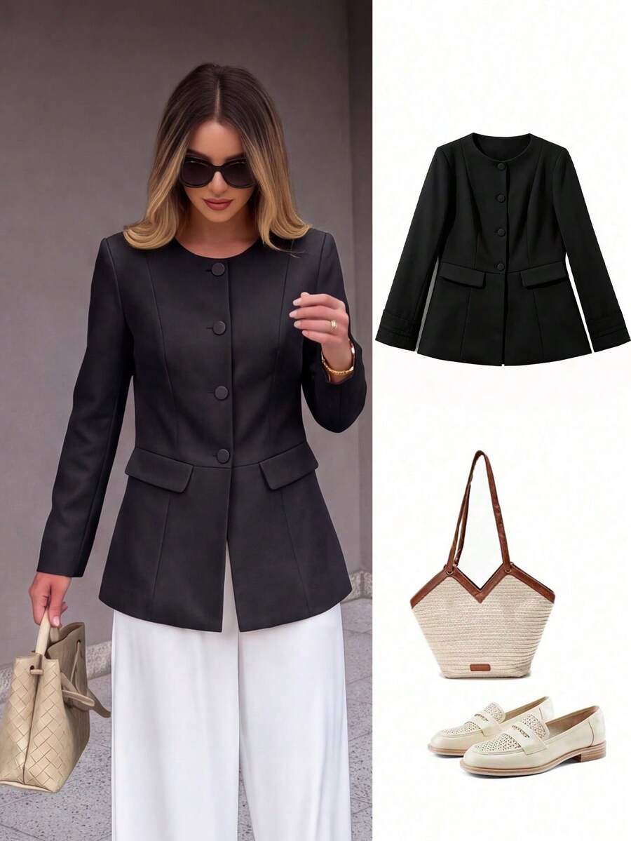 ACKCER Women's Fashionable Casual Round Neck Long Sleeve Button Front Jacket, Suitable For Spring, Summer And Autumn - Black - View 1