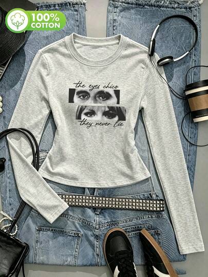 Women's Casual Grey Long Sleeve T-Shirt With 'The Eyes Chico' Graphic Print, Round Neck Regular Fit Knitted Fabric Top For Fall