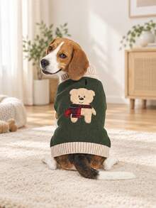 1pc Cute Bear Embroidery Pet Sweater, Soft Comfortable Knitted Cardigan, Suitable For Small Medium Large Dogs, Thickened Knitted High Neck Design, Elastic Warm, Suitable For Schnauzer Bichon Frise Winter Clothing - Army Green - View 5