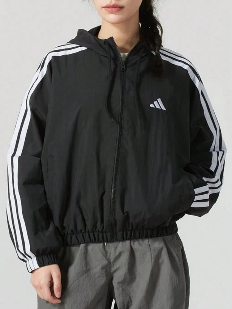 Adidas 3-Stripes Women's Casual Versatile Black Hooded Jacket - Black - View 1