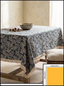 1pc Gray Blue Base White Branch & Leaf Pattern Tablecloth, Natural Rustic Style Linen Blend Material, Rectangular Beige Tassel Edge Detail, Stain-Resistant Desktop Protection Function, Suitable For Daily Home Use And Natural Dining Table Decor Scenes - Blue - View 22