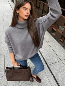 Roviva Women's Autumn Elegant Casual Commute High Neck Solid Color Sweater Top, Suitable For Party, Gathering, Holiday, Birthday Party, Work Commute - Grey - View 4