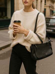 Women's Fashion High-End Solid Color Casual Loose Soft Fluffy Texture Drop Shoulder Round Neck Autumn/Winter Pullover Sweater - Beige - View 5