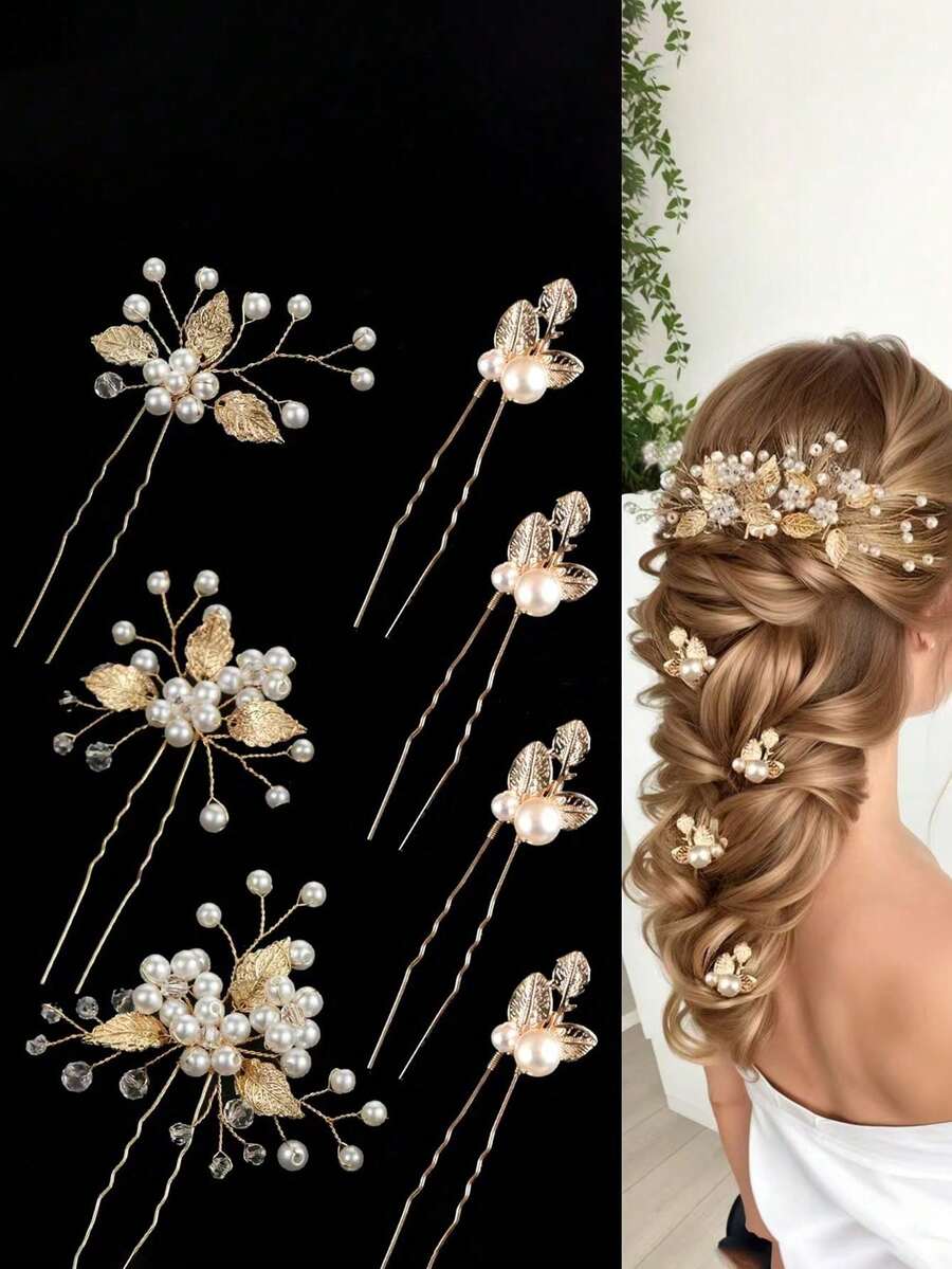 7pcs/Set Bridal Hair Pin Set, European & American Style Handmade White Pearl Alloy Leaf Flower Hair Sticks, Wedding Dress Accessories - Gold - View 1
