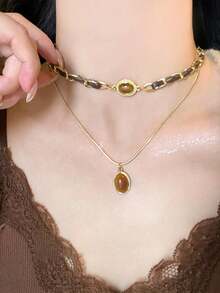 2pcs Vintage Malachite Heart & Tiger Eye Stone Tassel Necklace, Simple Sweater Chain Accessory For Women - Multicolor - View 2