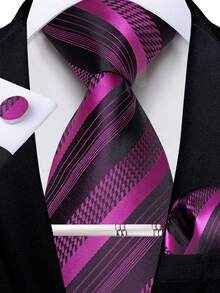 Black Rose Red Striped Plaid Men's Tie Set, 4-Piece Set Including Pocket Square, Cufflinks, Silver Tie Clip, Suitable For Annual Meeting And Party - Purple - View 1
