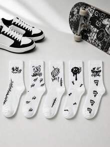 5 Pairs Men's Black & White Graffiti Mid-Calf Socks, Street Style Cartoon Pattern Casual Socks, Soft Comfortable Breathable Spring Autumn Socks, Suitable For Daily Commute, Sports, Skateboarding And Streetwear Outfits - Multicolor - View 3