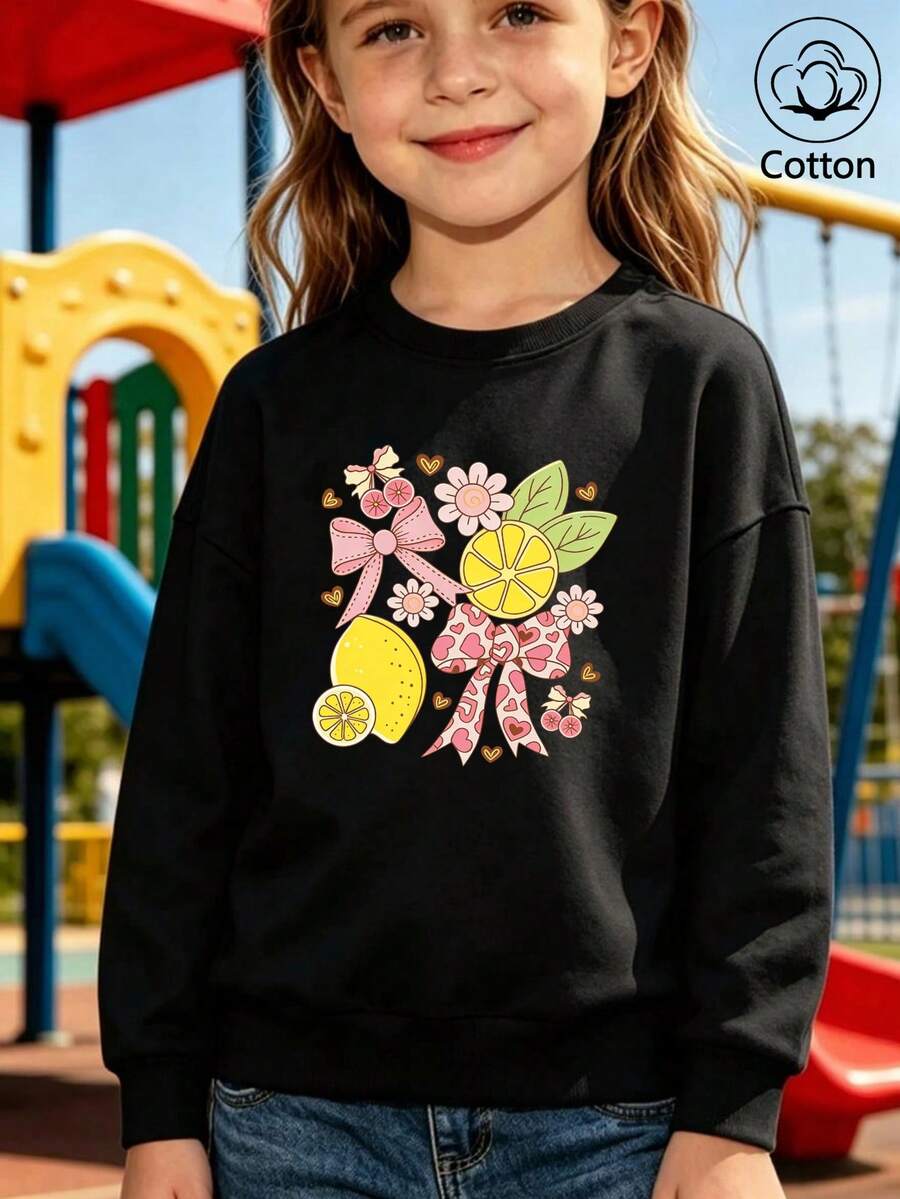 Sweet Floral Print With Bow, Lemon-Colored Girly Kids' Sweatshirt - Black - View 1