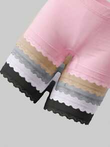 5pcs Random Color Girls Mid-Waist Seamless Panties, Heart-Shaped Lace Trim Comfortable Boyshorts, Back To School - Multicolor - View 4
