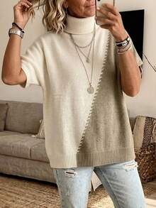 Sweater Rajut Wanita Kerah Tinggi Motif Blok Warna, Potongan Asimetris dengan Lubang, Lengan Pendek, Esensial Musim Gugur/Dingin - Khaki - View 5