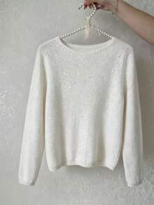Korean Style New Round Neck Knit Pullover Sweater With Scattered Fine Glitter Sequin Embellishments, Long Sleeve Loose Minimalist Versatile Top For Women - Beige - View 4