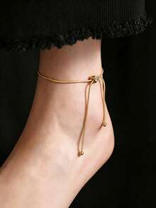 1pc Stainless Steel Snake Chain Anklet, Adjustable Beaded Drawstring Design Minimalist Daily Foot Jewelry, Versatile Beach Foot Chain - Adjustable Bead Anklet - View 1
