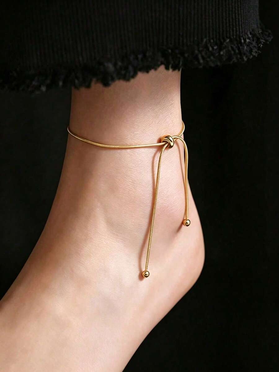 1pc Stainless Steel Snake Chain Anklet, Adjustable Beaded Drawstring Design Minimalist Daily Foot Jewelry, Versatile Beach Foot Chain - Adjustable Bead Anklet - View 1
